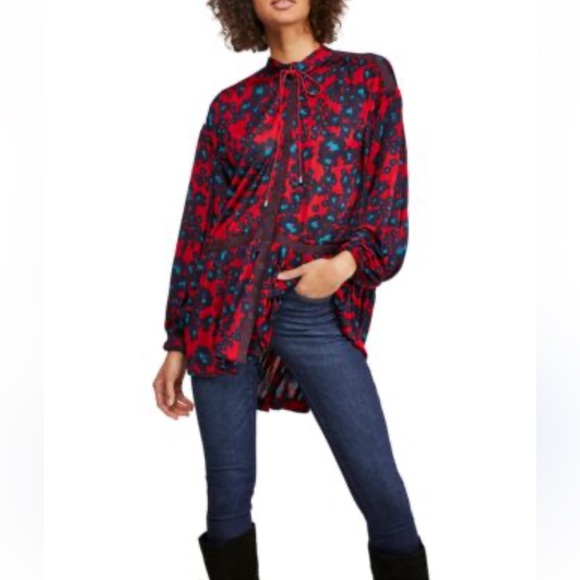 Free People Red and Blue Bishop Sleeve Sundress Merlot love letter combo small S - Picture 12 of 16